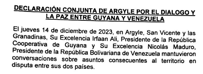 DOCUMENTO: Declaración Conjunta de Argyle por el Diálogo y la Paz entre Guyana y Venezuela